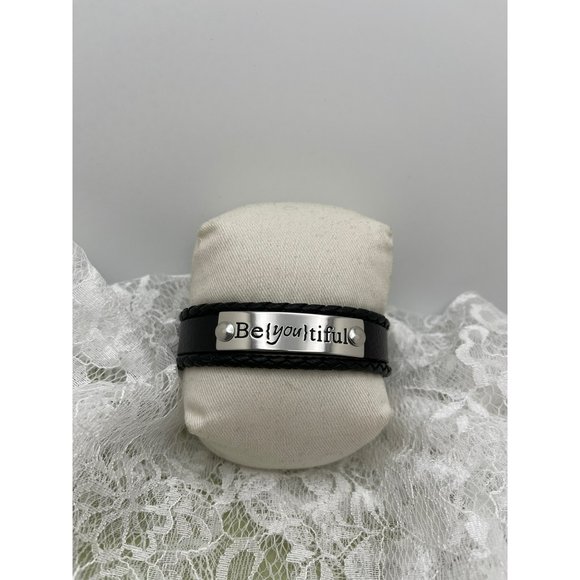 "Be{you}tiful" Stainless Steel & Black Faux Leather Easy Clasp Bracelet - Picture 5 of 11